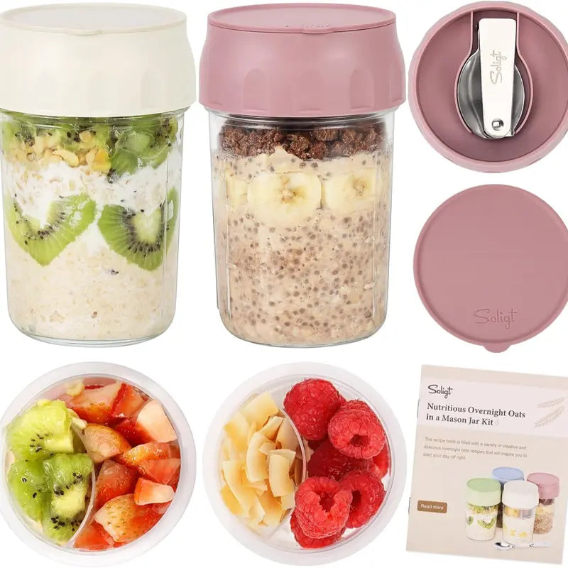 16oz Overnight Oats Containers with Folding Spoon & Divided Compartments, Portable Glass Jars for Oatmeal, Yogurt, Fruit & Meal Prep