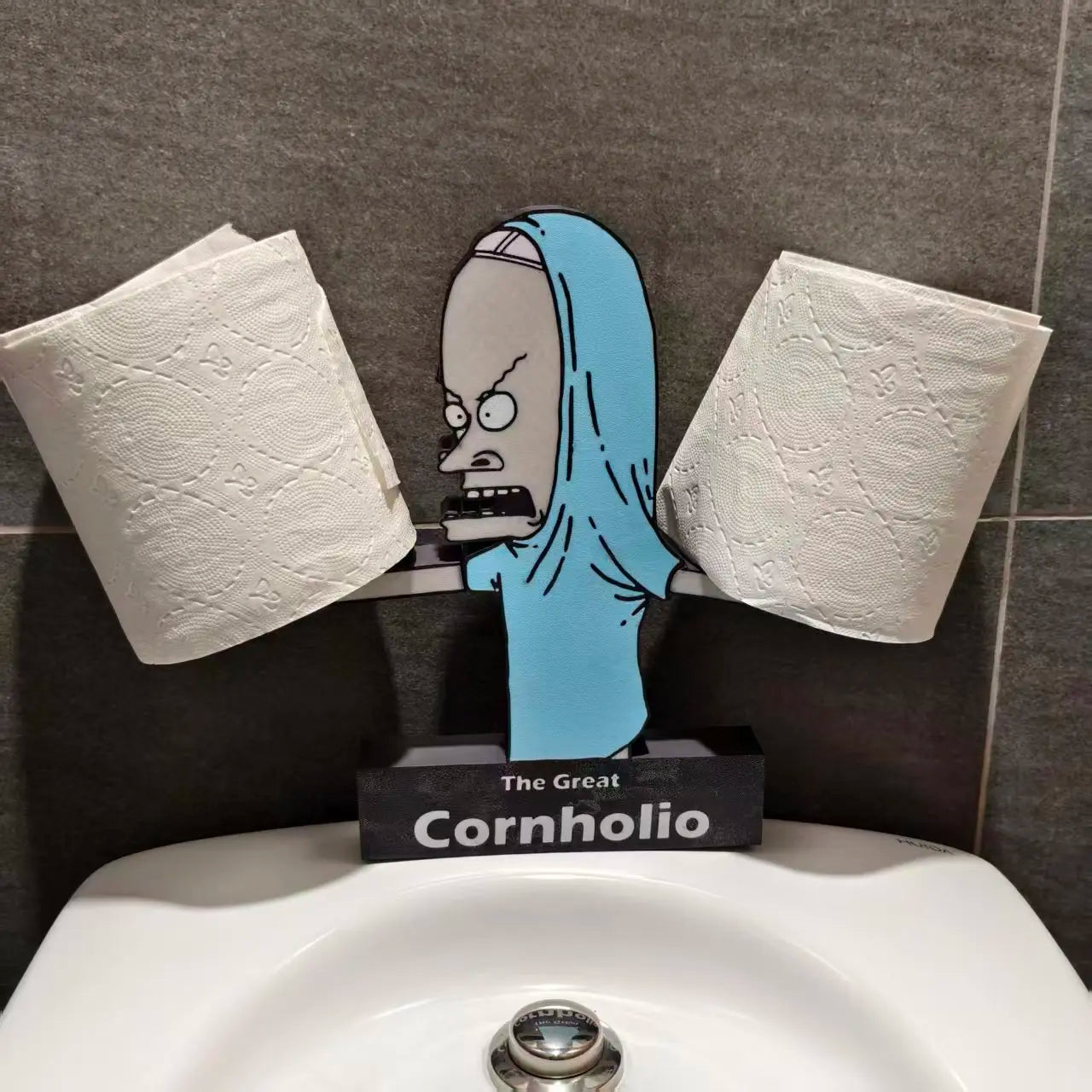 The Great Cornholio Toilet Paper Holder – Funny Character Bathroom Tissue Roll Stand & Novelty Home Decor