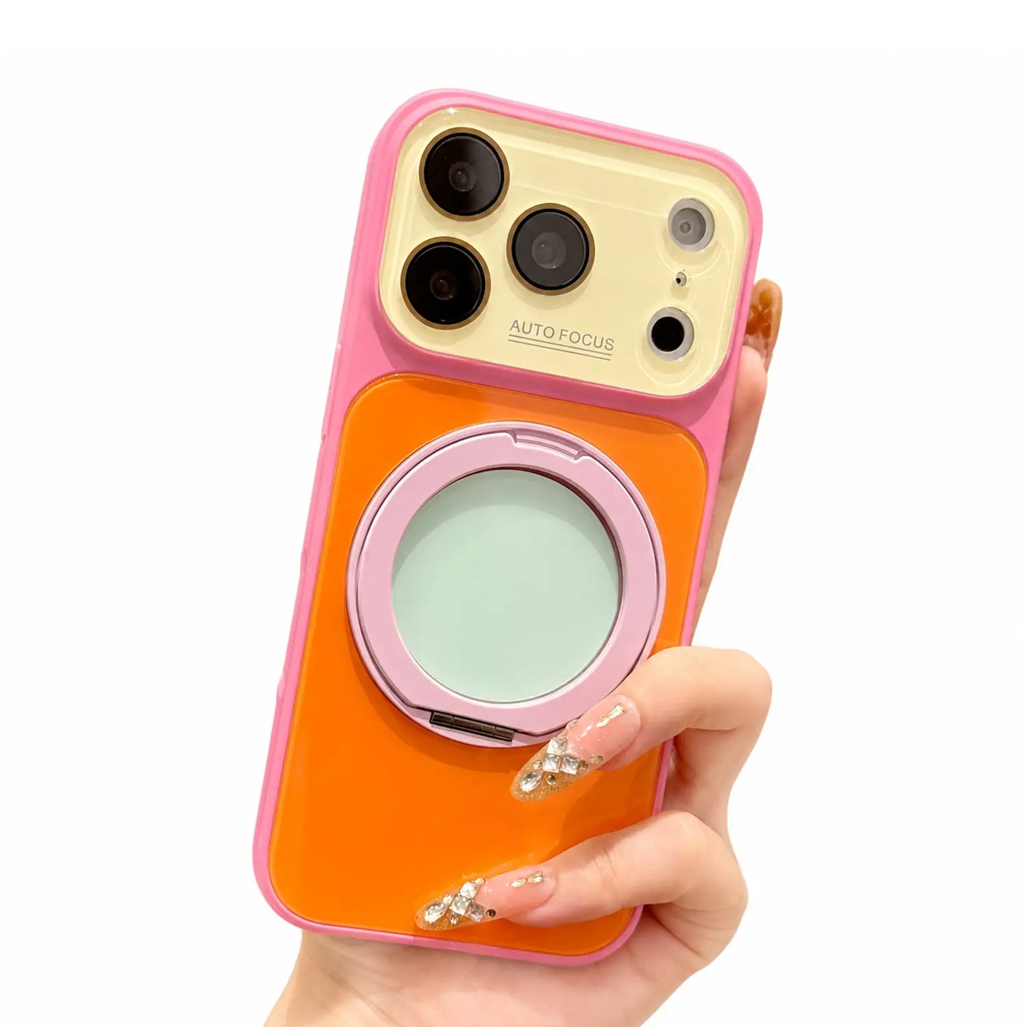 Dopamine Colorblock Glossy Magnetic Case for iPhone 17 Pro Max – 360° Rotating Ring Stand & MagSafe Cover