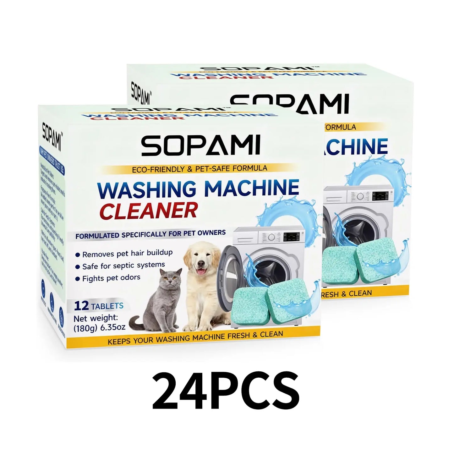 SOPAMI 12-Pack Pet-Safe Washing Machine Cleaner Tablets, Eco-Friendly Deep Cleaning and Odor Removal