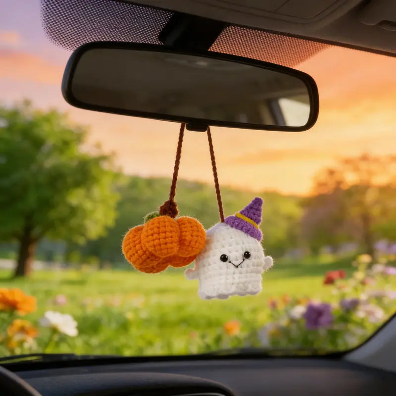 Crochet Ghost & Pumpkin Rear View Mirror Hanging Car Charm Handmade Cute Spring Summer Cozy Season Road Trip Ornament Amigurumi