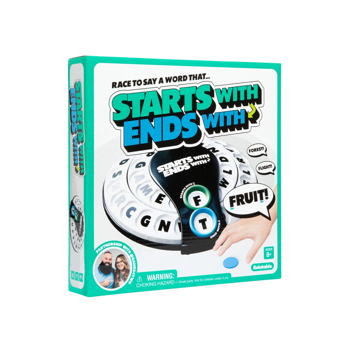 Starts With Ends With by Relatable - The Fast Paced Word Game Your Family Games Collection Has Been Missing. Spin The Letter Wheels and Race to Shout the Word – Includes 1 Spinner Device and 20 Tokens.