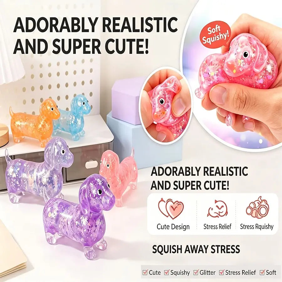 LDSK Dachshund Squishy, Glitter Weiner Dog Maltose Stress Ball, Slow Rise Fidget for Anxiety Relief, Soft Squeeze Desk Gadget for Home Office Travel