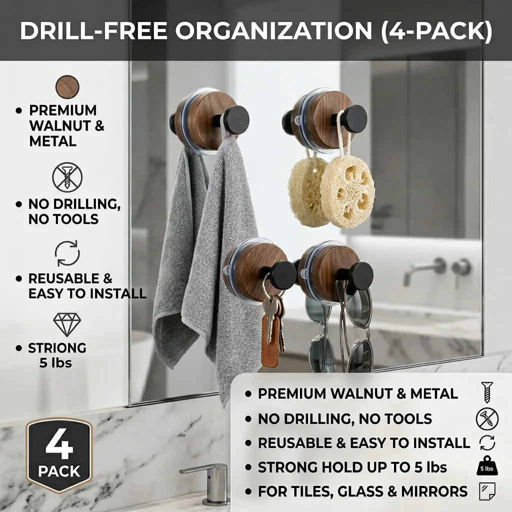 Walnut Wood Suction Cup Hooks (4 Pack) - No-Drill Heavy Duty Towel Hooks