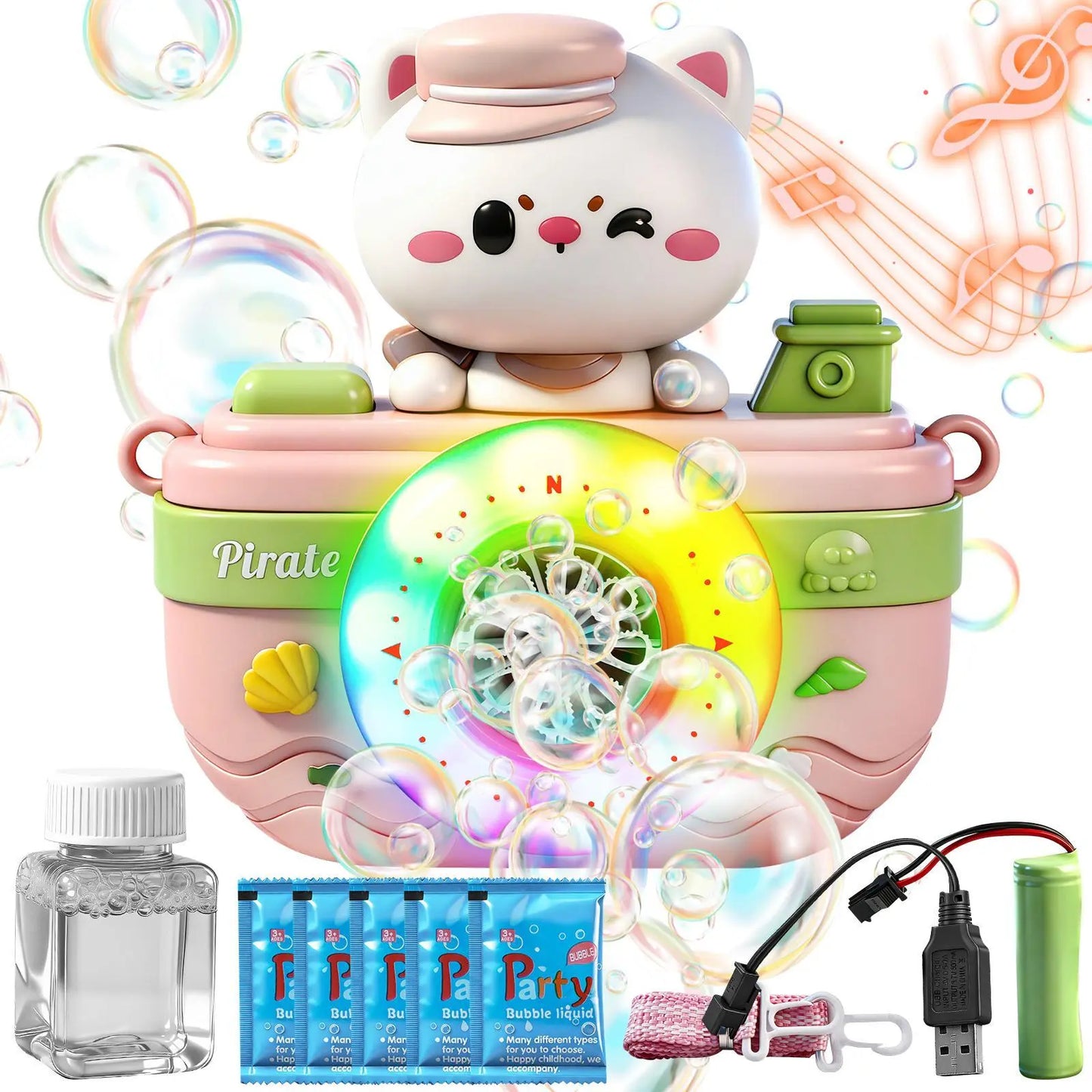Cute Pirate Bubble Machine Toy for Kids – Automatic Bubble Blower with LED Lights & Music, High-Output Bubble Maker for Outdoor Play & Bath Fun