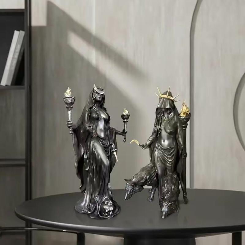 Gothic Hecate Statue, Dark Goddess Holding Torch, Witch Sculpture, Halloween Decor, Mystical Altar, Religious Decoration, Resin Home Ornament