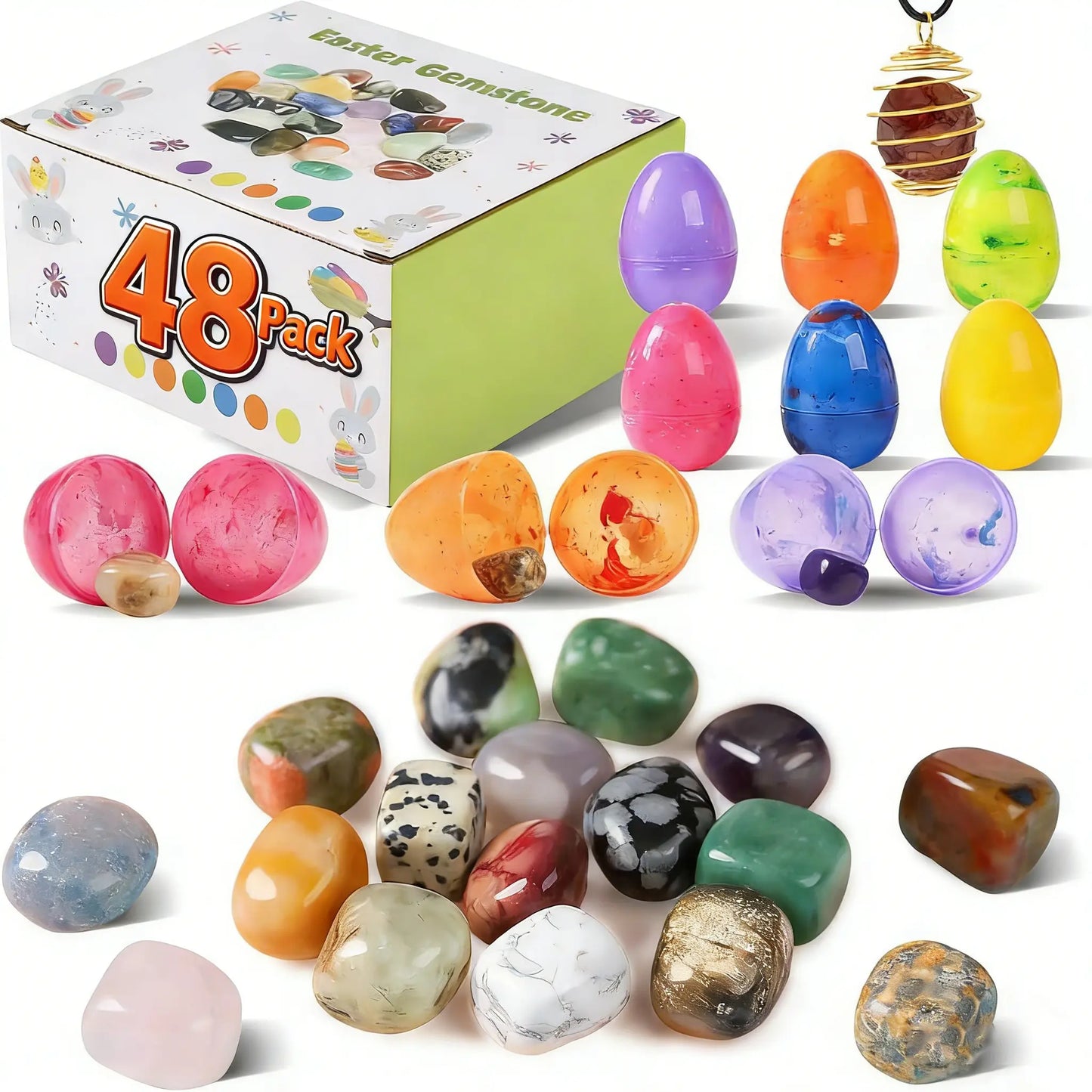 24/48pc Prefilled Easter Eggs with Natural Gemstones | Unique Treasure Hunt Set