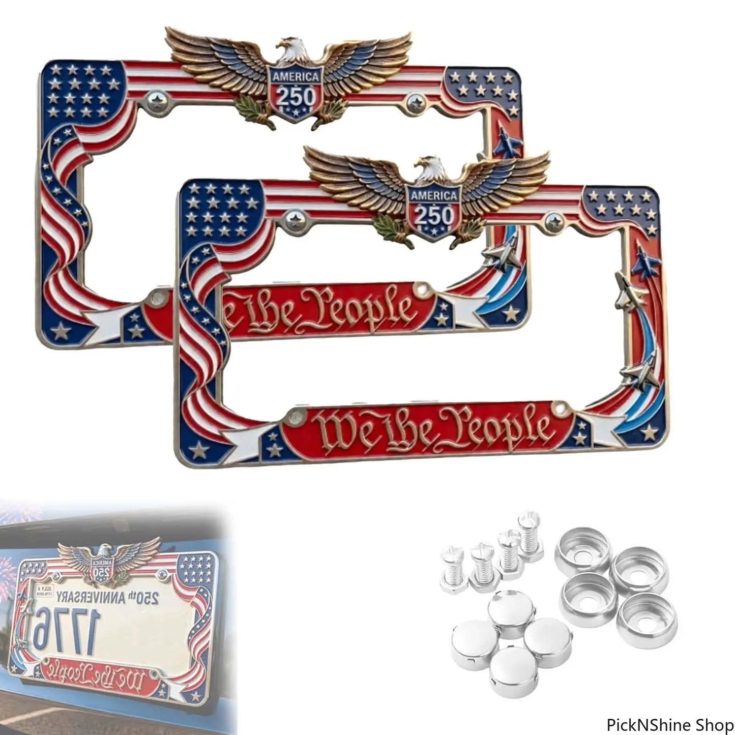 2PCS Heavy-Duty Aluminum 250th Anniversary American Flag License Plate Frame - Front License Plate Cover, We The People Car Tag Holder, Patriotic Auto Decor Car Accessories For Men, July 4th Truck Gear