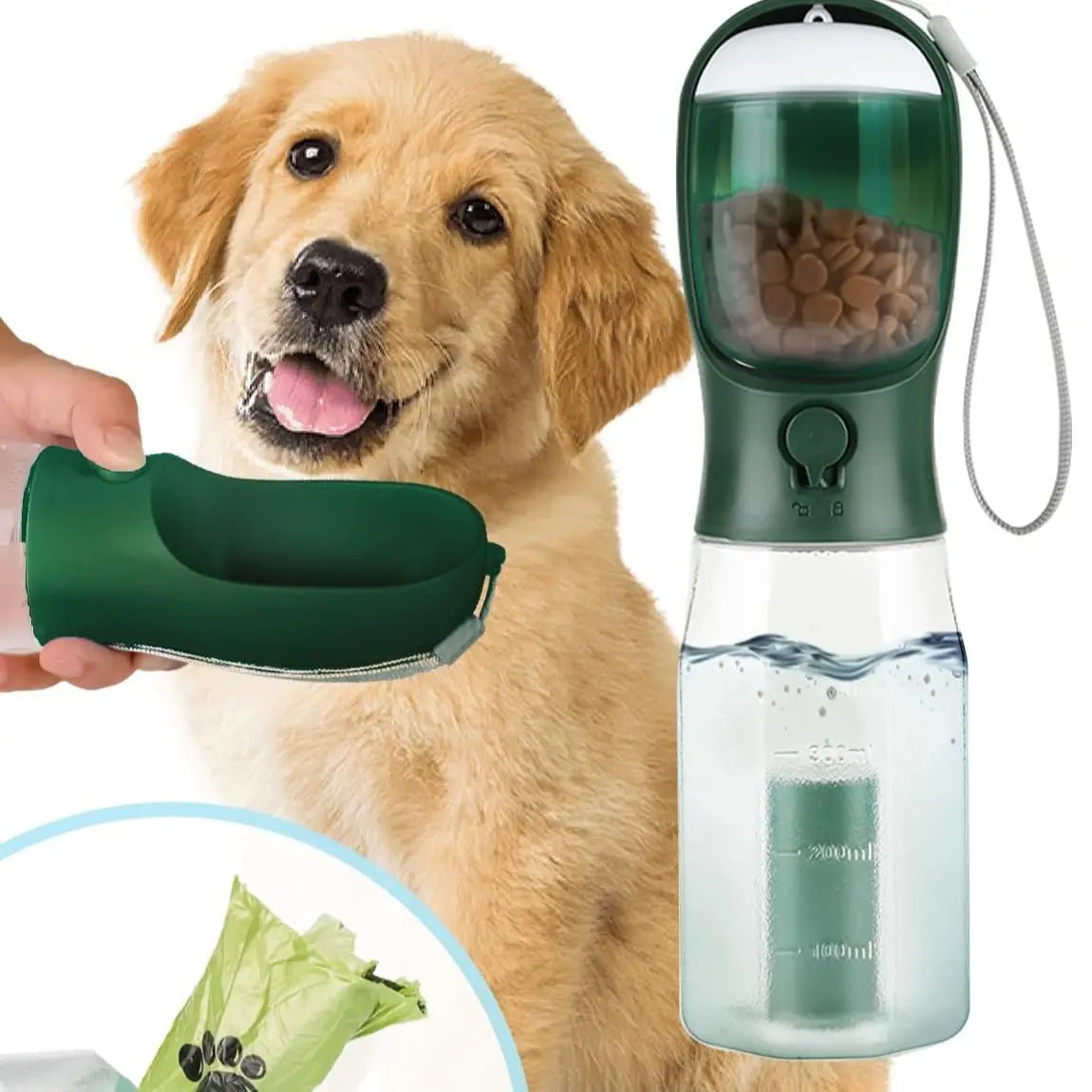 3in1 Pet Water Bottle - Portable 20oz Leak Proof Container with Poop Bag Dispenser, Ideal for Travel, Hiking, and Outdoor Use