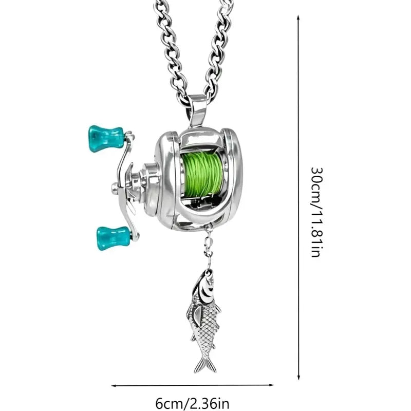 Mini Fishing Reel Necklace - Stainless Steel Interactive Pendant with Adjustable Real Line, Fish Charm, Necklaces for Women, Unique Fidget Gift for Anglers