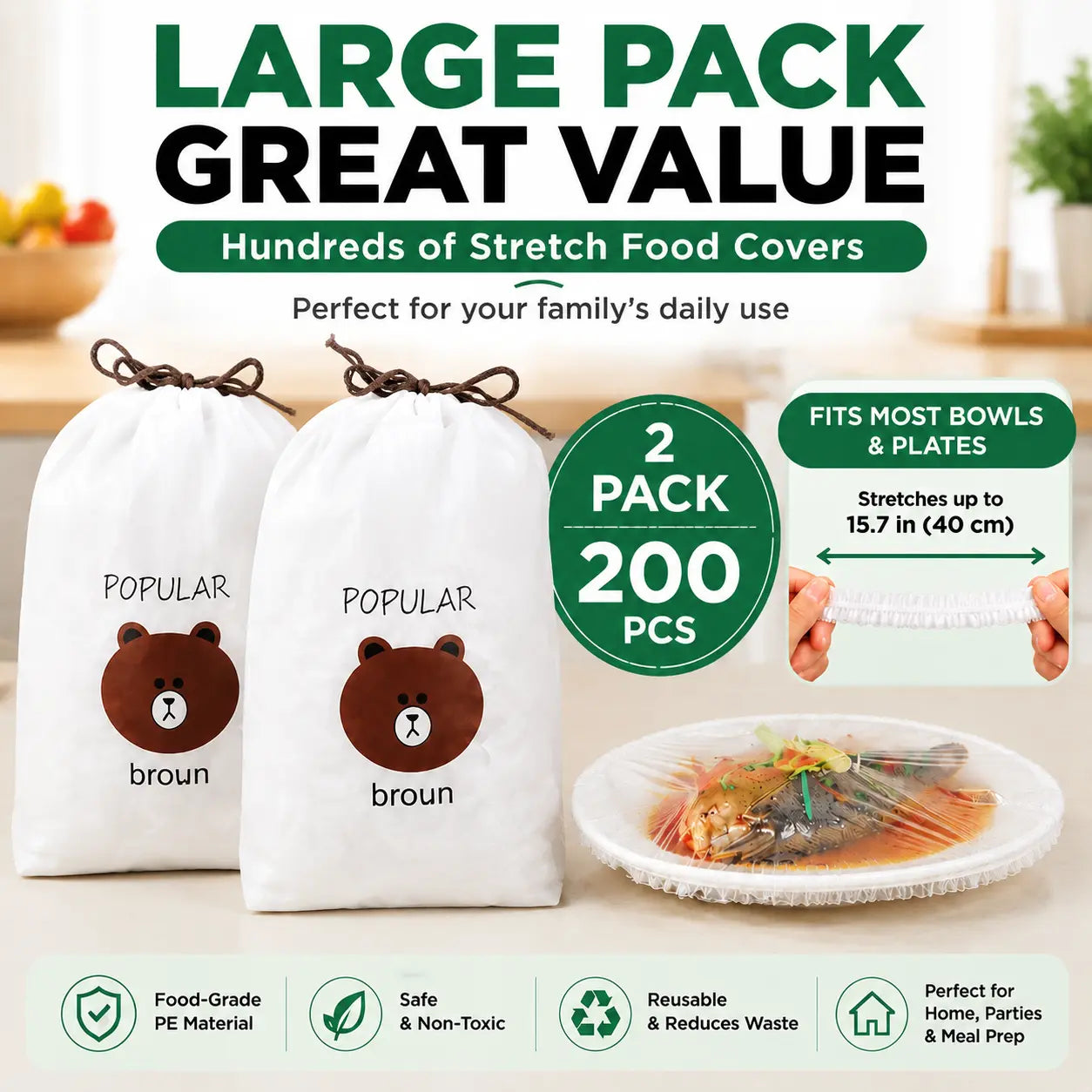 100-Pack Disposable Stretch Plastic Food Covers – Elastic Bowl Covers for Kitchen Storage