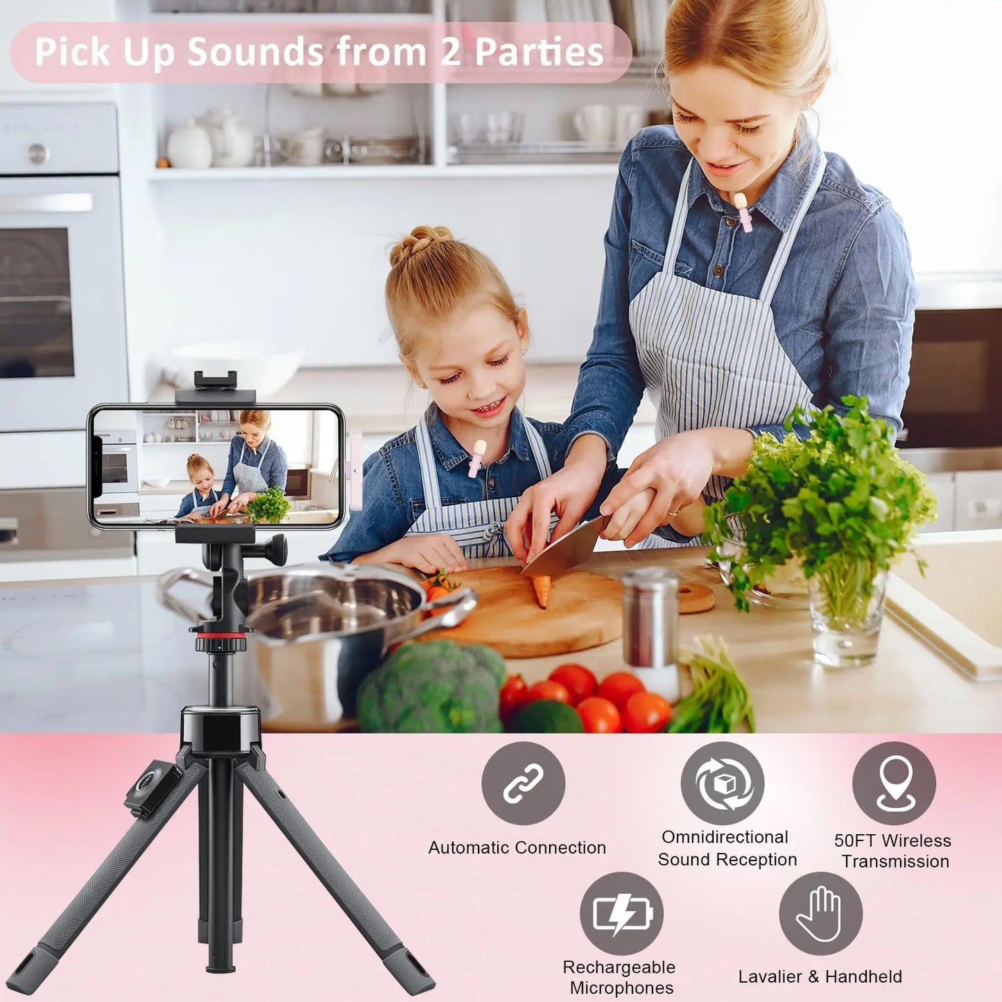 Pink Wireless Lavalier Microphone for iPhone/Android, Noise Cancelling Mini Lapel Mic for Vlogging & Interview