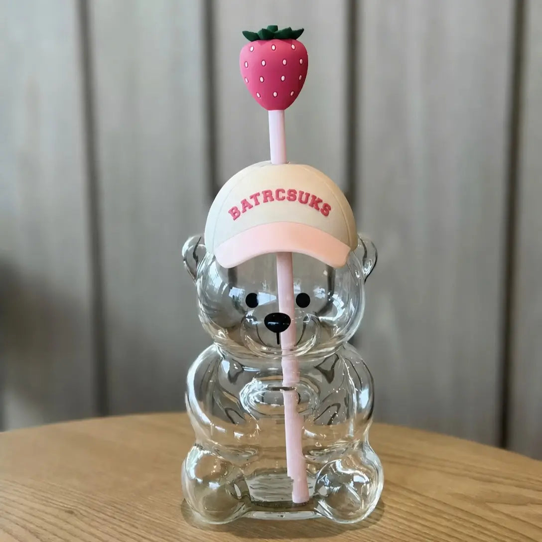 20oz Bear Glass Tumbler with Lid & Strawberry Straw for Cold Drinks