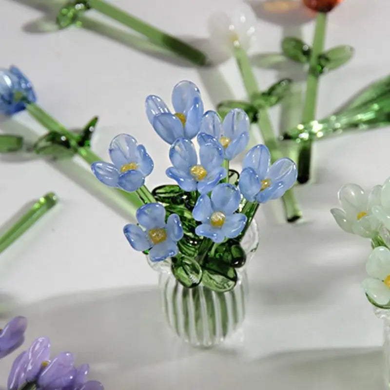 Handcrafted Mini Glass Artificial Flower Set – 10Faux Flowers with Vase Decorative Bouquet