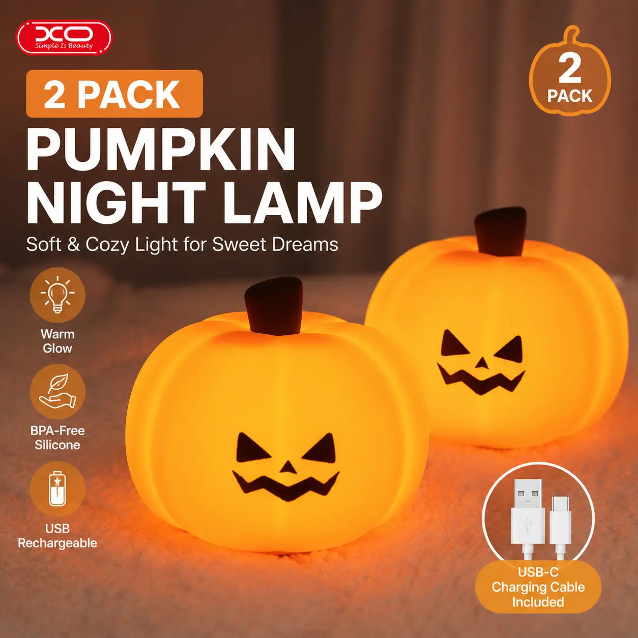 Halloween Pumpkin Lamp, Home Decoration Nights Light, Mini Cute LED Pumpkin Lamp with 3 Level Dimmable, Nursery Nightlight for Kids, Silicone Rechargeable Bedside Touch Lamp, for Kids