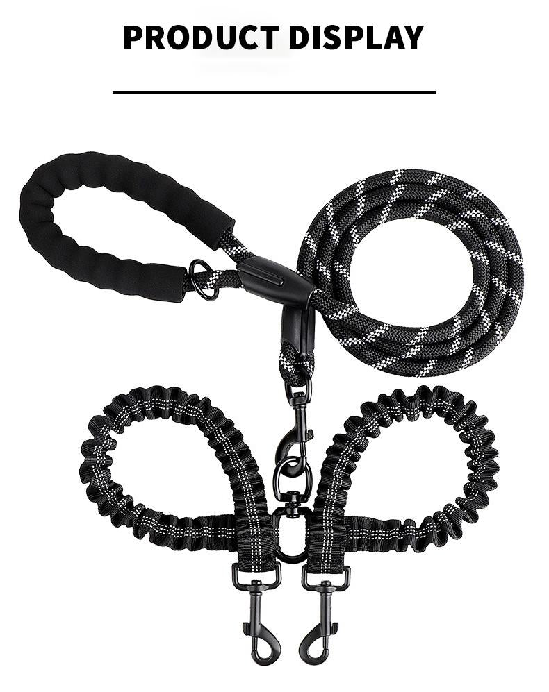 360° No-Tangle Double Dog Leash – Shock-Absorbing Bungee for Two Dogs