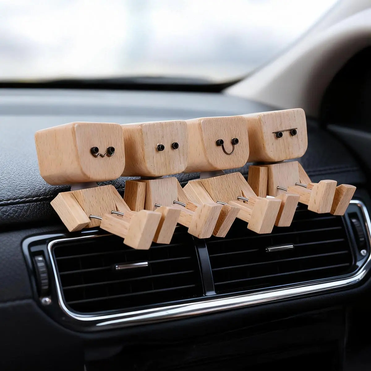 Shaking Wooden Man Car Dashboard Accessories, Handmade Wood Desktop Decor, Funny Cars Ornaments Shak Feet Woodens Doll with 12PCS Magnetic Expressions