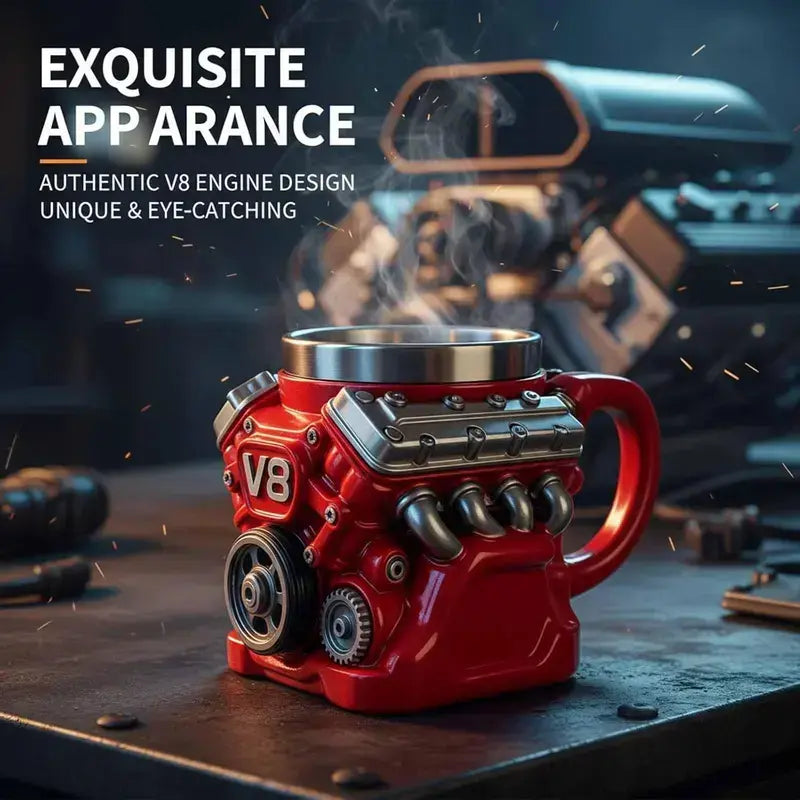 V8 Engine Stainless Steel Coffee Mug Gift for Car Lovers and Dads