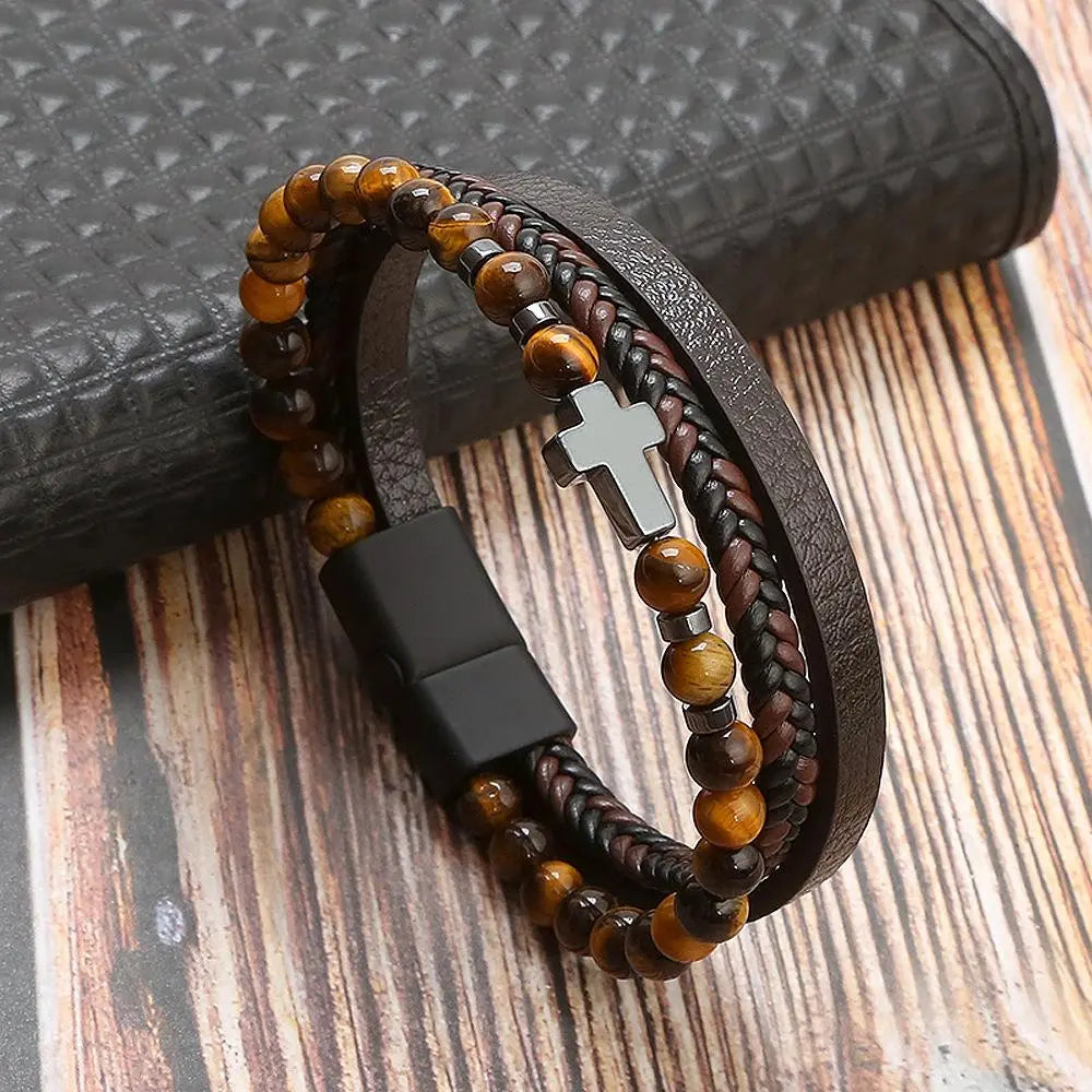 Men's Cross Leather Braided Bracelet Natural Stone Bracelet Cross Bangle Multilayer Braided Wristband Boho Style Magnetic Closure for Daily Use Christmas Gift for him