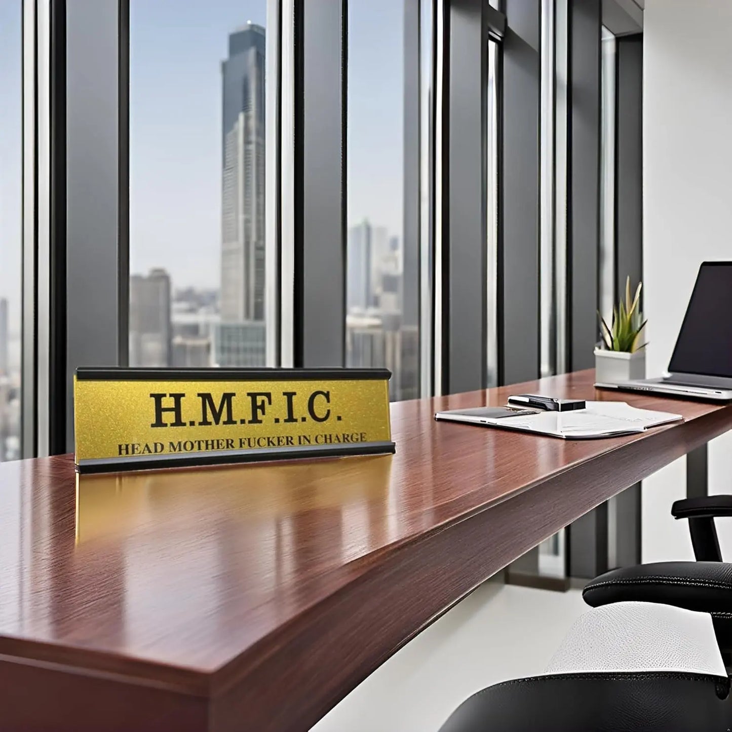 "Fucker in Charge" 8x2" Executive Desk Nameplate Sign (Brown)