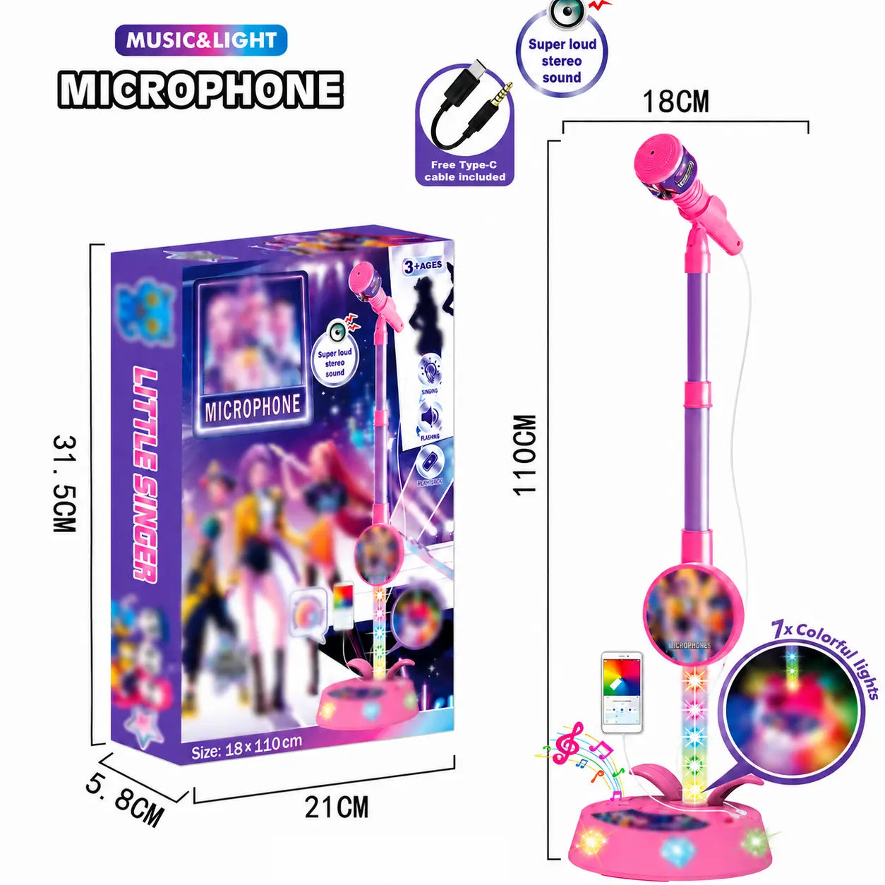 Kids Karaoke Microphone Toy with LED Lights & Music (Ages 3-8 Birthday Gift)