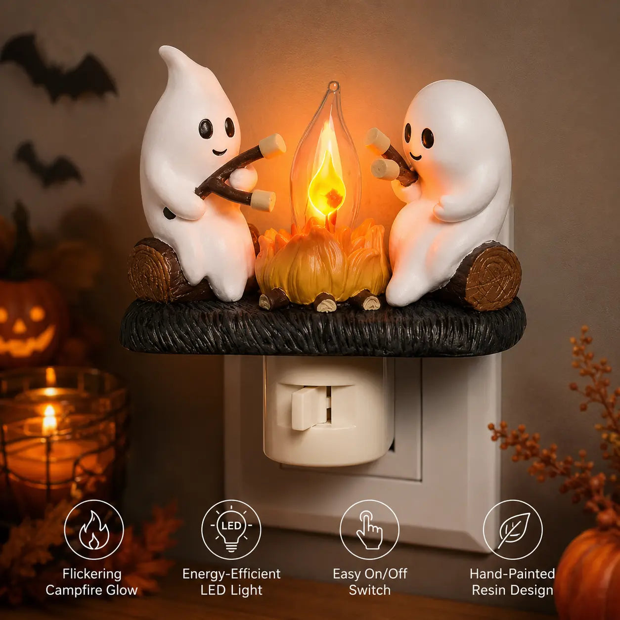 3D Flickering Campfire Plug-In LED Night Light – Cute Halloween & Christmas Resin Holiday Decoration