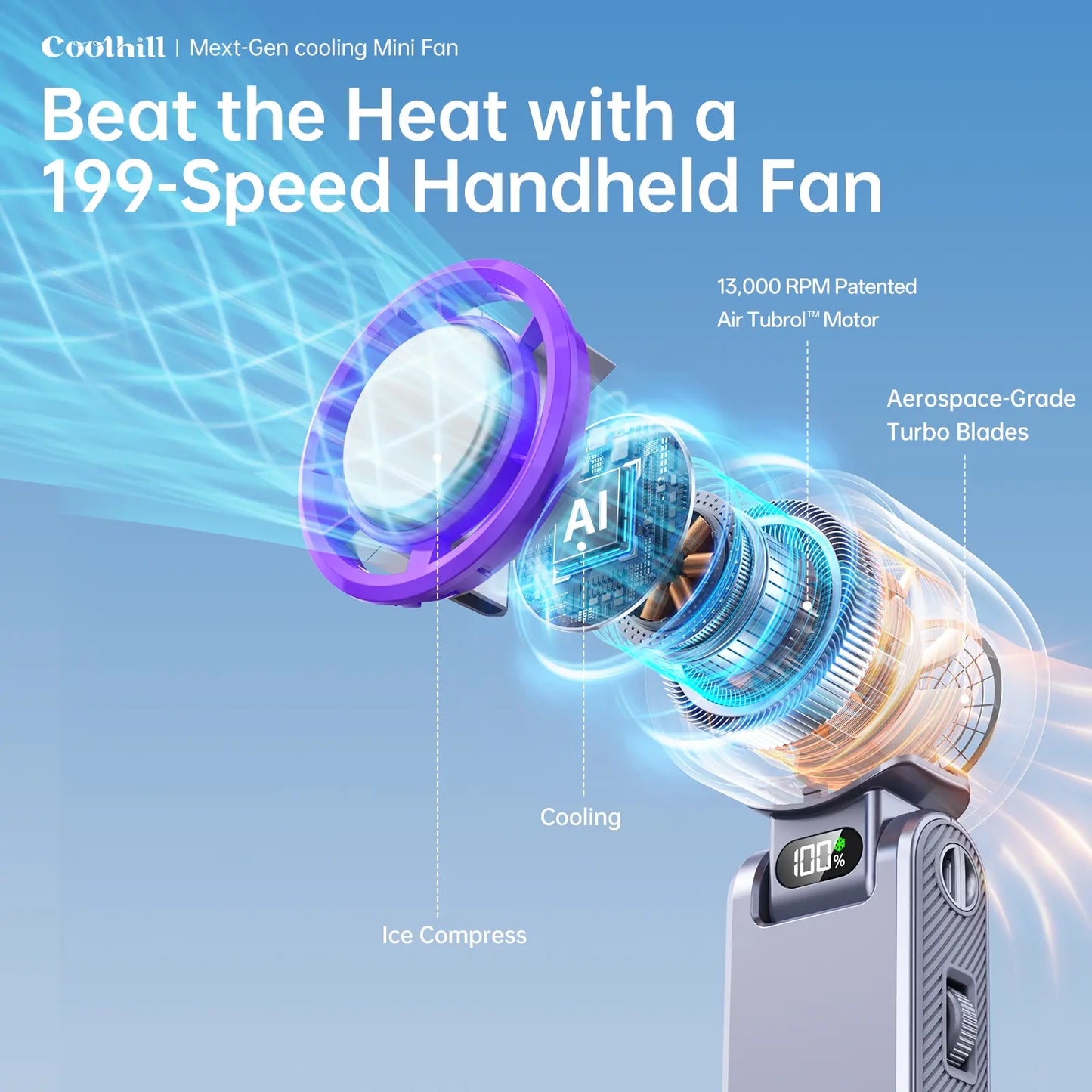 CoolHill Portable Handheld High Speed Fan, 199 Adjustable Speeds Foldable Pocket Fan for Summer Travel & Outdoor Essentials