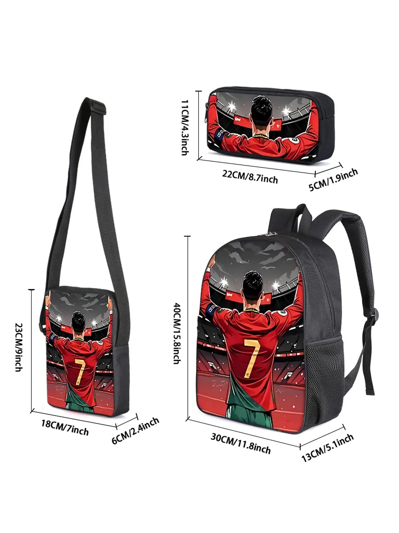 Football Star Print 16-Inch 3-Piece Casual Daypack Set for your little Fans, Includes Single-Layer Backpack, Small Shoulder Bag and Single-Layer Pencil Bag
