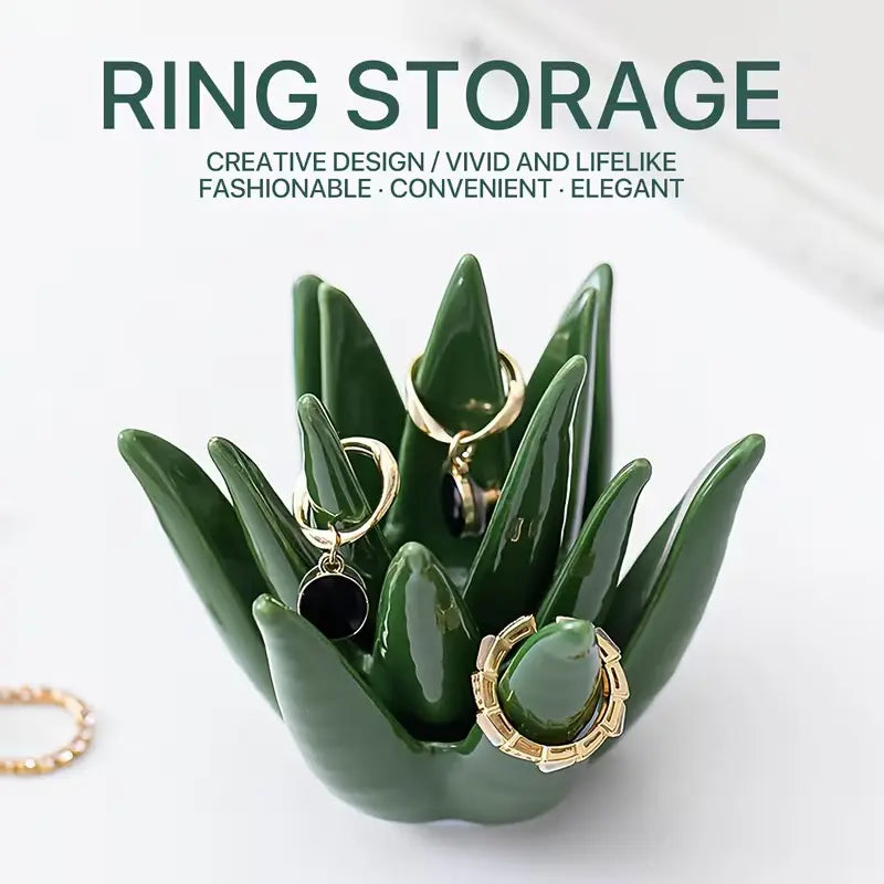 Cactus Aloe Ring Holder Tray, Ceramic Jewelry Storage Organiser Display Stand for Home or Office Desk Decor, Cute Gift for Women, Friends and Mom