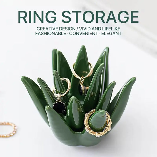Cactus Aloe Ring Holder Tray, Ceramic Jewelry Storage Organiser Display Stand for Home or Office Desk Decor, Cute Gift for Women, Friends and Mom