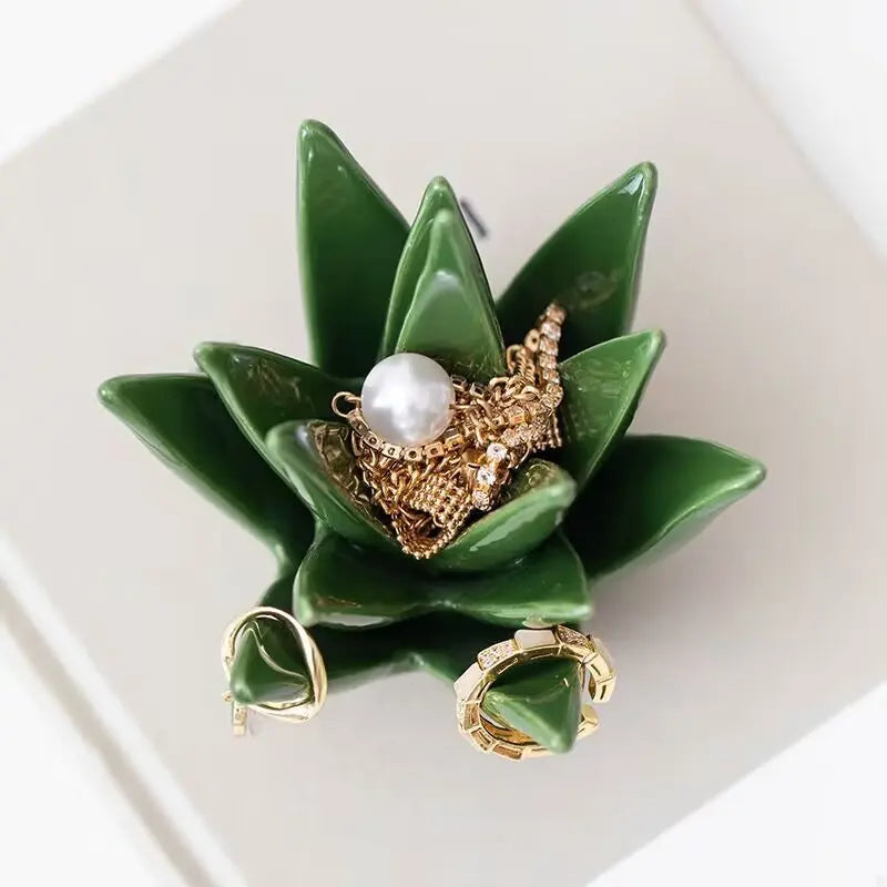 Cactus Aloe Ring Holder Tray, Ceramic Jewelry Storage Organiser Display Stand for Home or Office Desk Decor, Cute Gift for Women, Friends and Mom