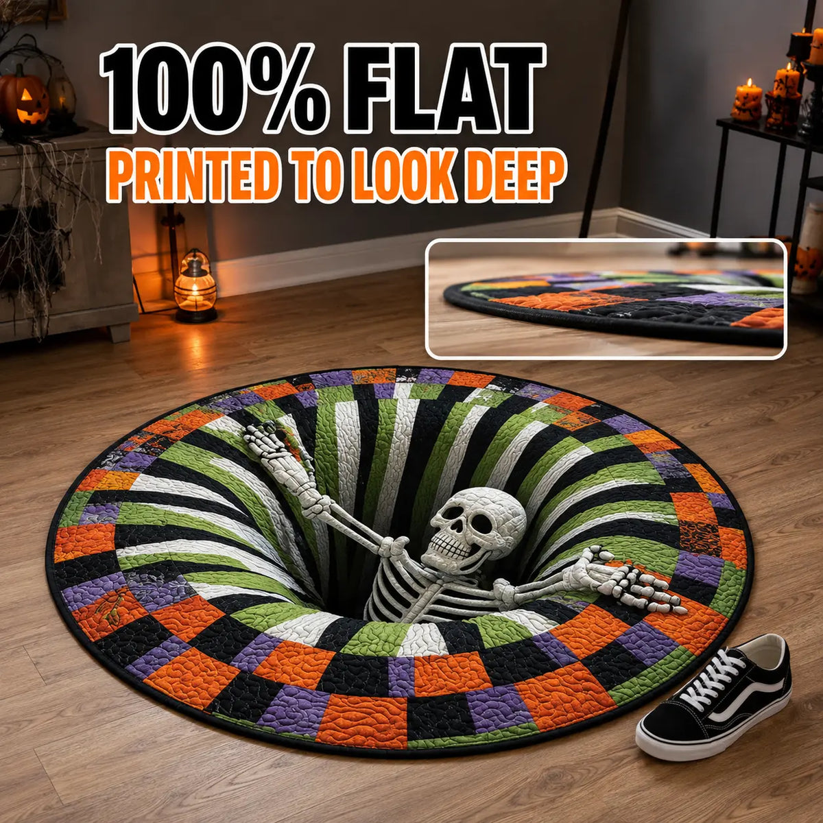 Halloween 3D Skeleton Vortex Quilted Illusion Round Rug (16") – Soft Non-Slip Spooky Living Room Carpet