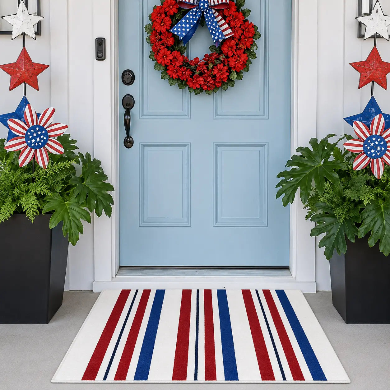 National Day Striped Entry Rug | Patriotic Red White & Blue Outdoor Doormat