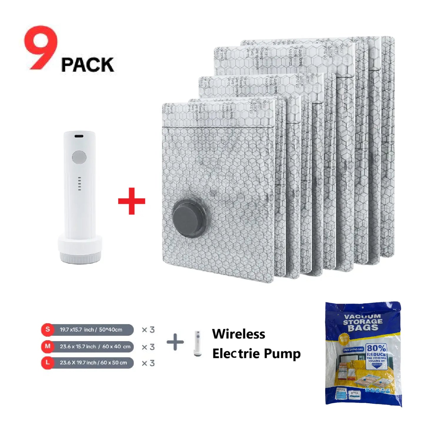 9/12-Pack Vacuum Storage Bags with Rechargeable Air Pump – 3 Sizes Travel Compression Organizer