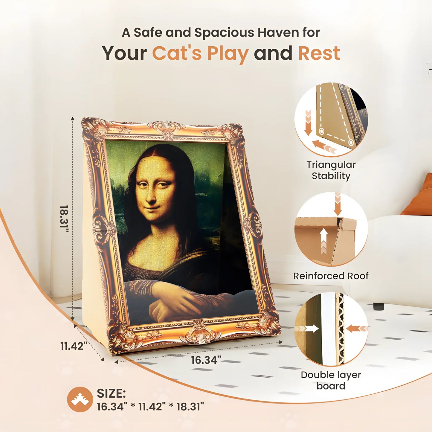 VAGASCAPE Mona Lisa Cat Scratcher Bed 2026 with Arm Front Panel Eco-Friendly Cardboard Cat House Easy-to-Assemble Artistic Home Decoration for Cats and Small Pets