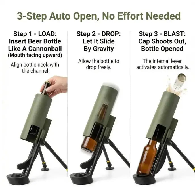 Beer Bottle Mortar Opener, Pop-Up Beer Opener, Tactical Cap Launcher, Hands-Free Press Button, Men's Exclusive, Bar and Desk Decor