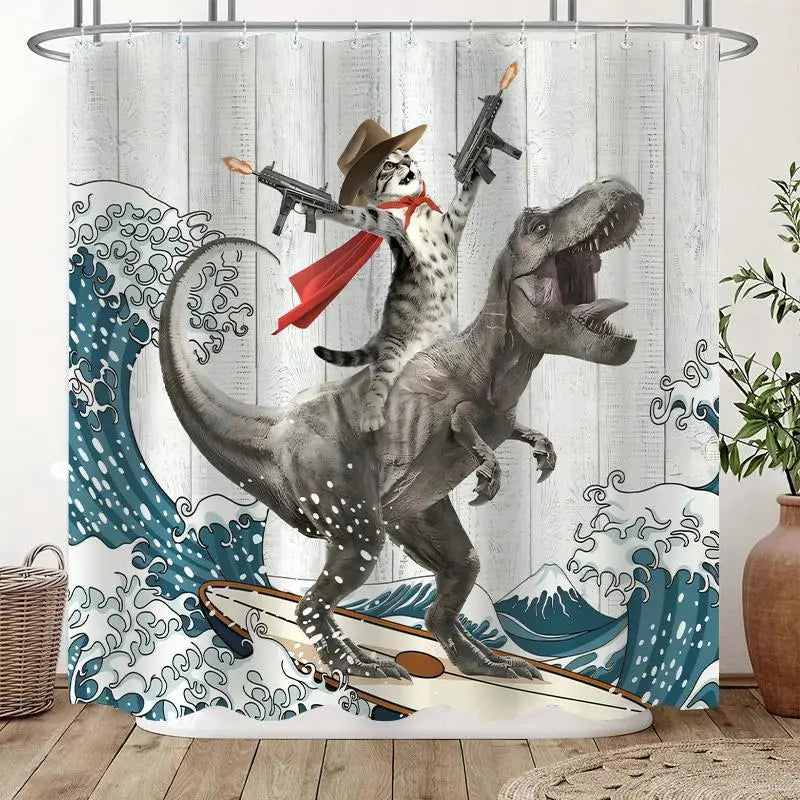 Dinosaur and Cat Pattern Removable Shower Curtain, Waterproof Bathroom Curtain with 12 Hooks, Decor for Home, Hotel, Apartment, Dorm and Spa, Decoration