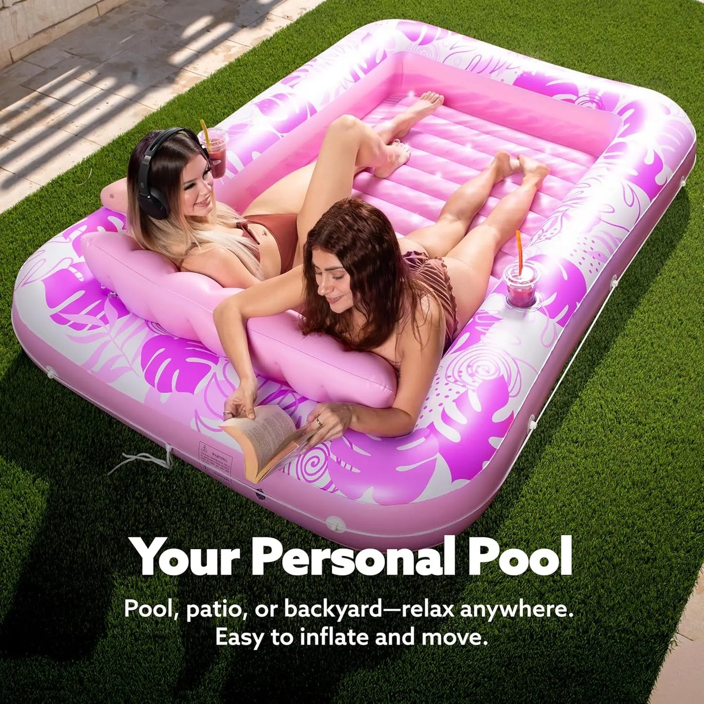 Sloosh L/XL Extra Large Inflatable Tanning Pool Float (70"x46"/85"x57") | 4-in-1 Adult Sunbathing Bed with Pillow, Cup Holder & Kids Ball Pit