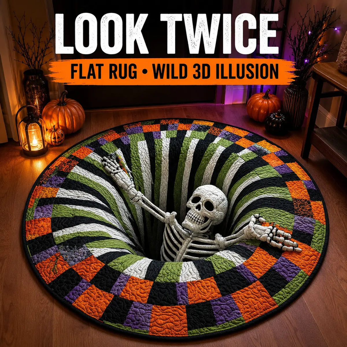 Halloween 3D Skeleton Vortex Quilted Illusion Round Rug (16") – Soft Non-Slip Spooky Living Room Carpet