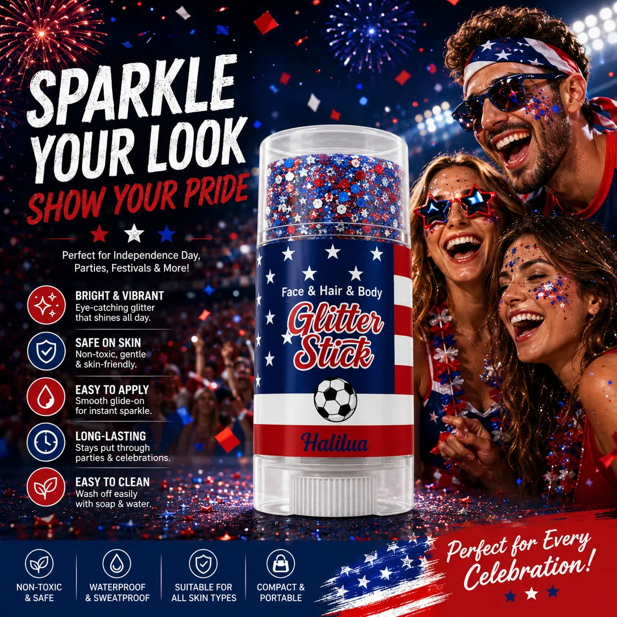 4th of July Independence Day Glitter Stick (Red, White & Blue for Party & Festival Look)