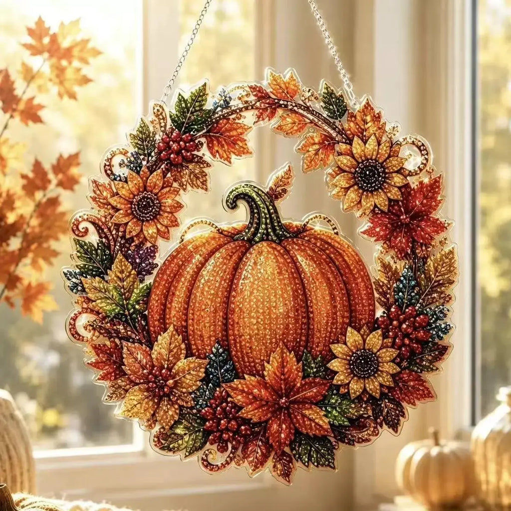 Halloween Diamond Painting Suncatcher Ornament Kit – Pumpkin & Black Cat DIY Gem Art for Window Decor