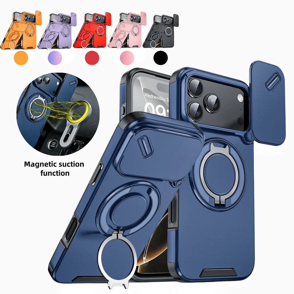 Military-Grade Magnetic Protective Case with Sliding Camera Cover & 360° Rotatable Ring Stand for iPhone 17 Pro Max