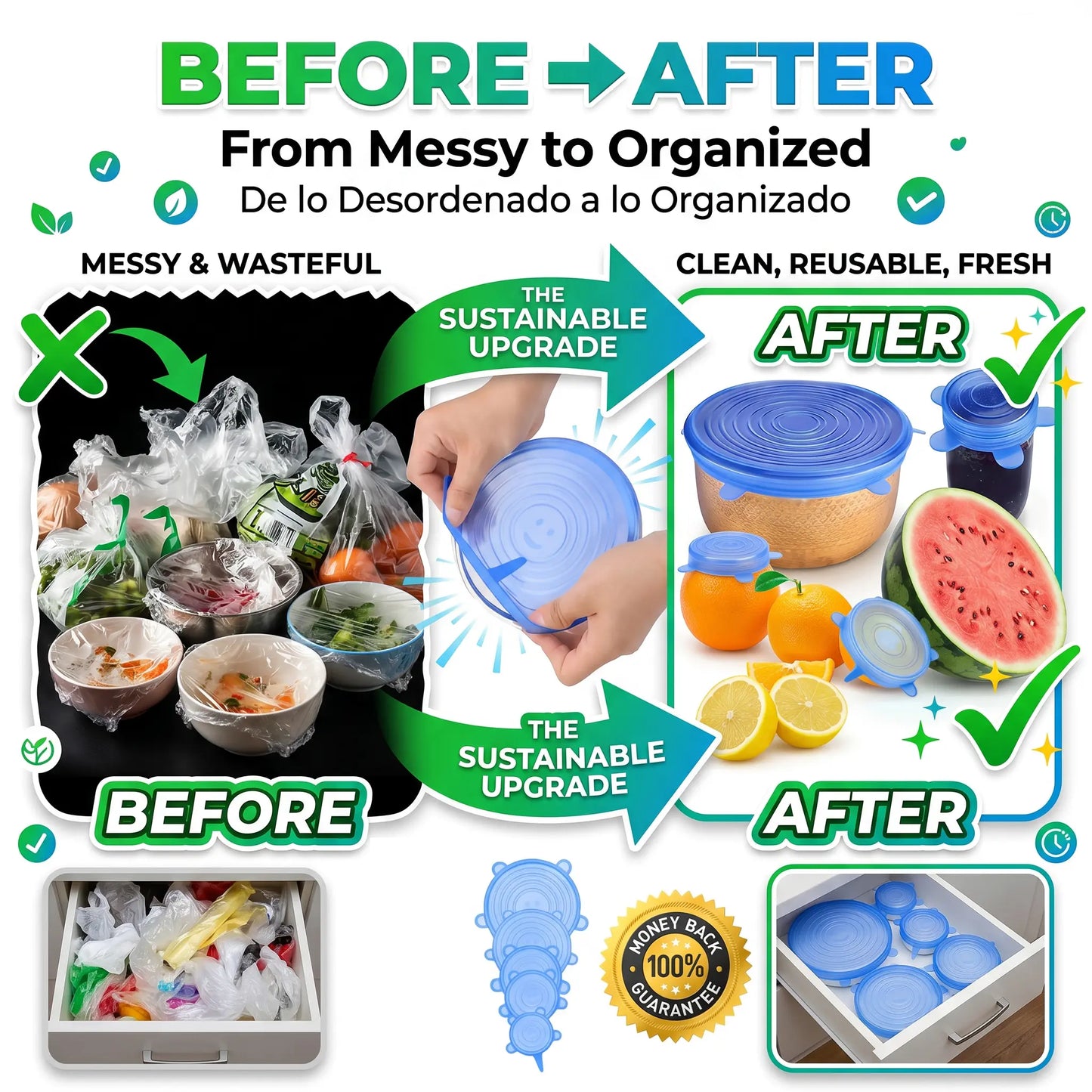 6-Pack Universal Reusable Silicone Lids – Self-Sealing Food Covers for Various Container Sizes