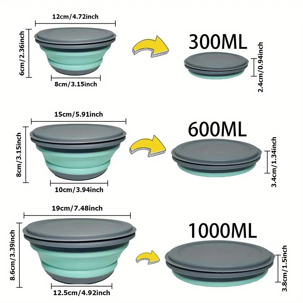 3Pcs Collapsible Silicone Bowl Set, Portable Lightweight Food Containers for Camping, Hiking & Travel