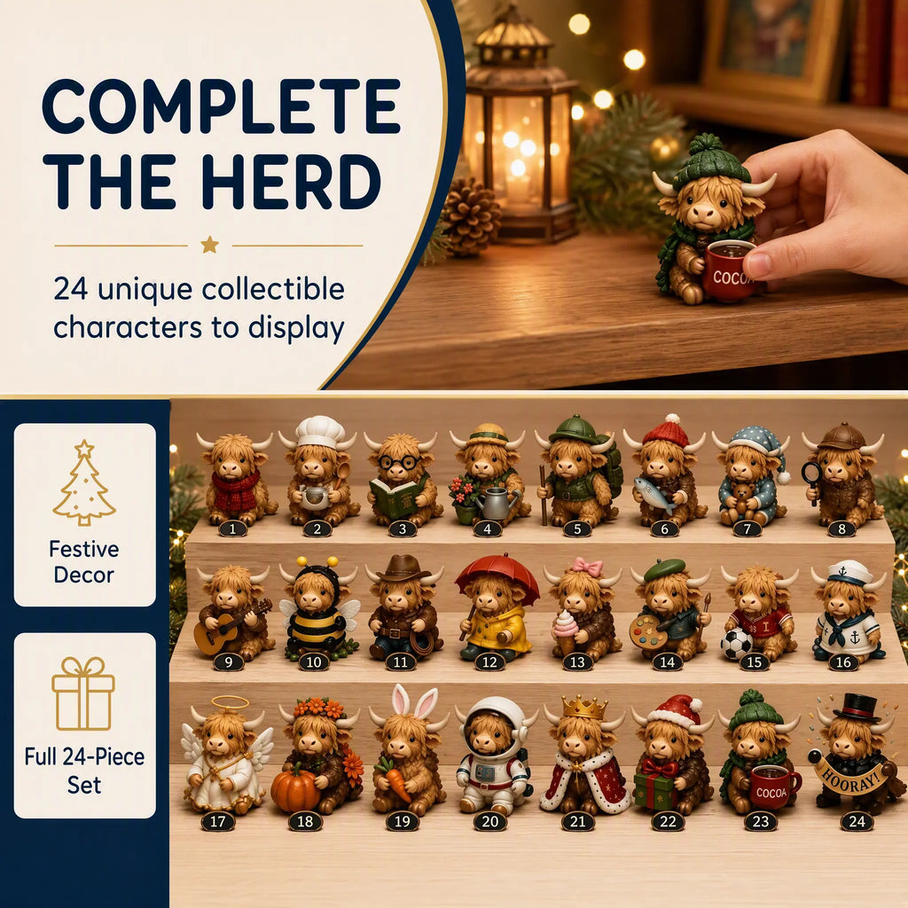 24-Day Highland Cow Christmas Advent Calendar – Festive Countdown Decor & Toy Set