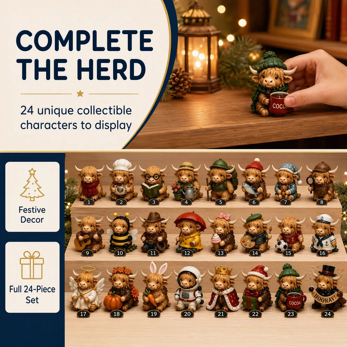 24-Day Highland Cow Christmas Advent Calendar – Festive Countdown Decor & Toy Set