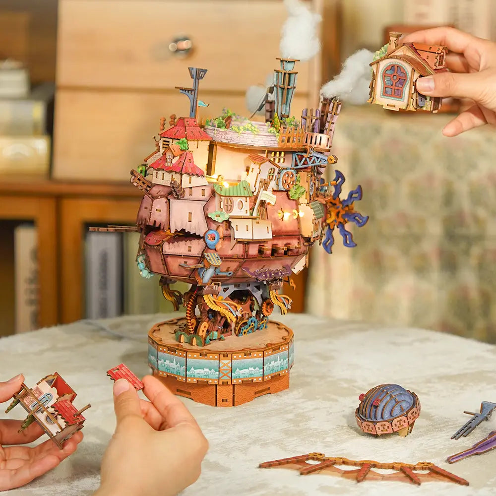 Whimsical 3D Puzzle Walking Castle Model Kit – Built-in Music Box & 20 Warm LED Bulbs