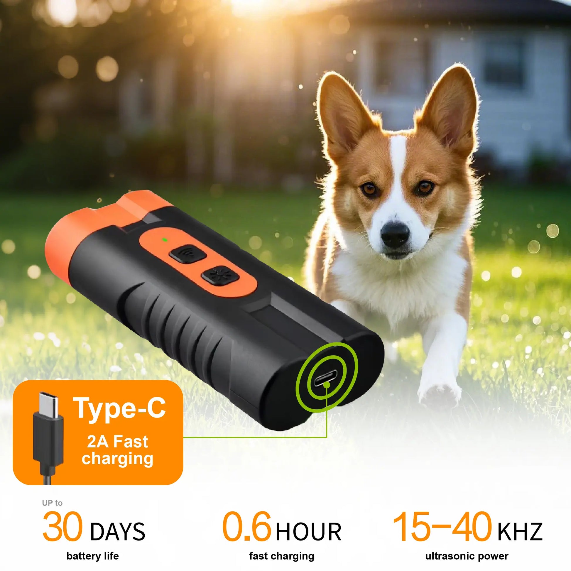 Ultrasonic Dog Barking Deterrent Training Tool - USB-Rechargeable, Dual Emitter, 50ft Range, 25KHz Frequency, Flashlight, Portable Grip, Kit Included for Indoor & Outdoor Dog Behavior Control