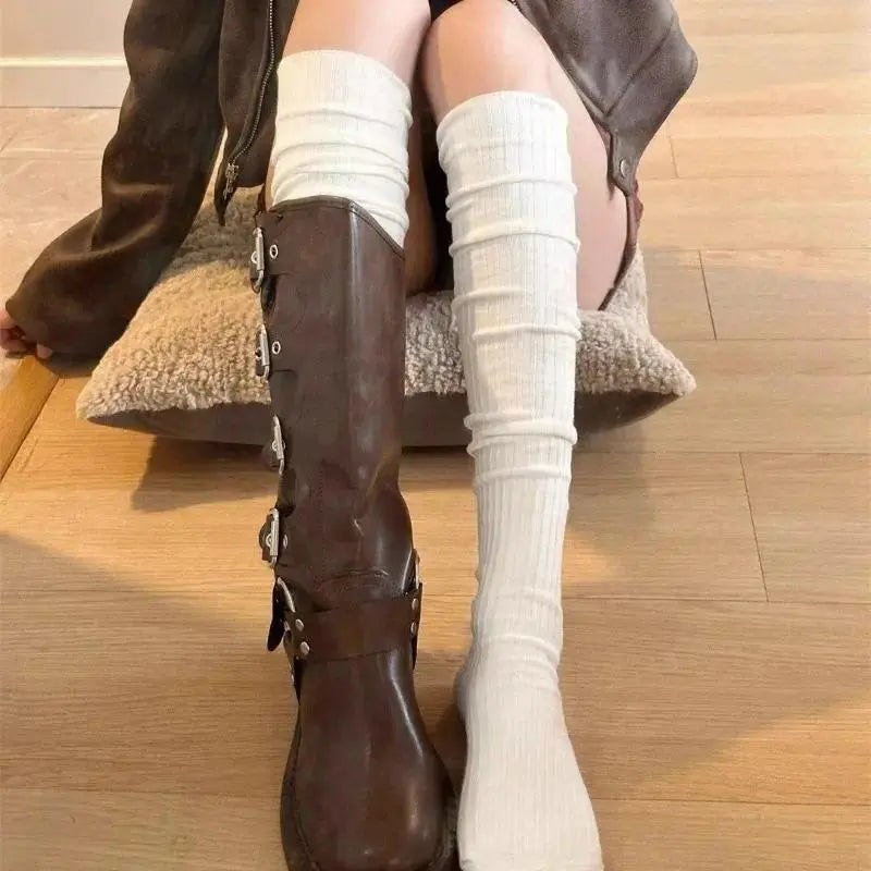 Women’s Solid Color Slouchy Stackable Knee-High Socks – Pure Cotton Terry Warm Calf Socks