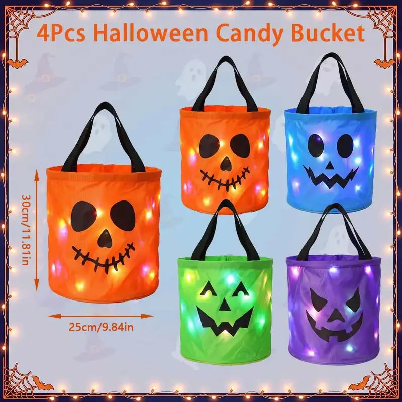 LED Halloween Pumpkin Light Candy Bucket & Goodie Bag Set (4 Pcs) – Reusable Trick-or-Treat Gift
